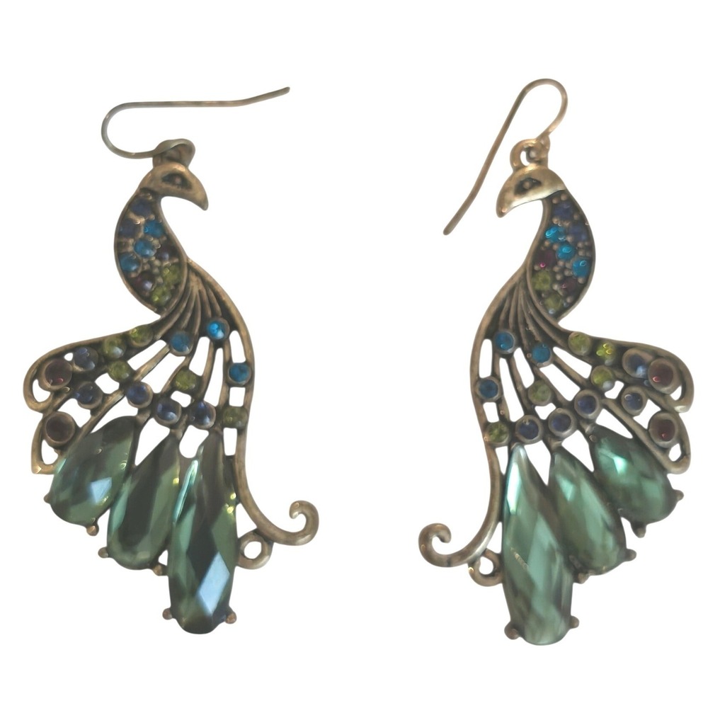 Peacock Drop Earrings Green Rhinestone Vintage Style Antique Bronze Tone Crystal